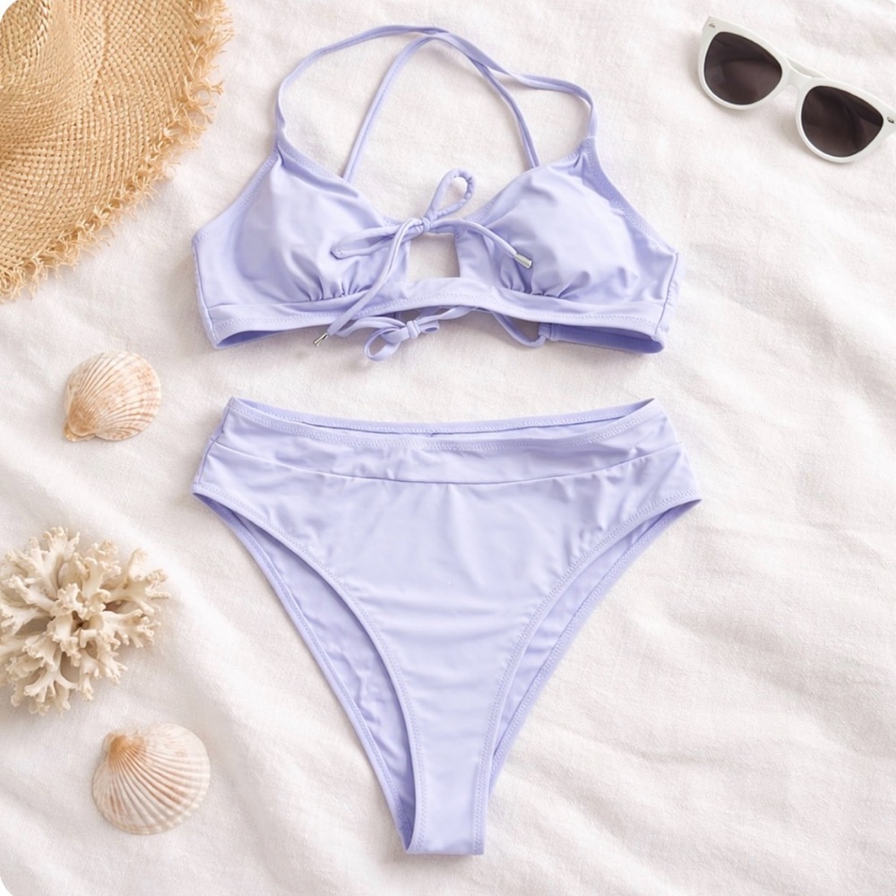 Cupshe‎ Lavender Bikini Set Medium High Cut Bottom Strappy Top
